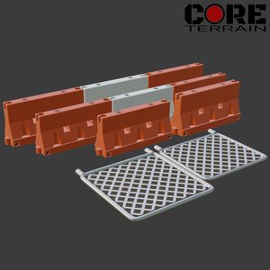 Displays the 6 objects included: Jersey Barriers, "Triple" Barriers, and Removable Fences (28mm and 32mm scale versions for each).